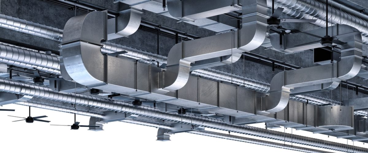 Air,Ventilation,Pipes,System,Hanging,From,The,Ceiling,Inside,Commercial